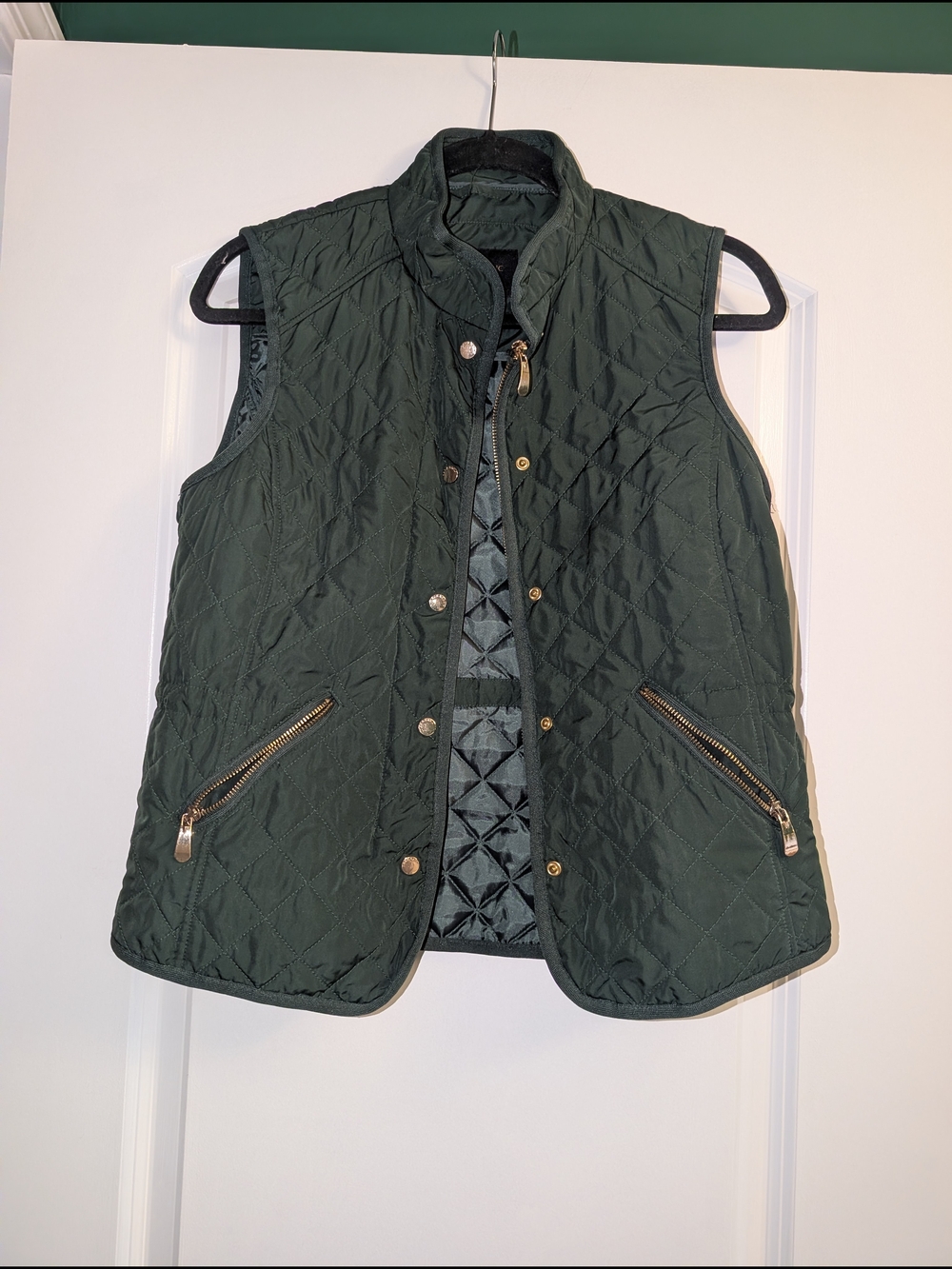 Zara Quilted Vest in Dark Green with Gold Zippers
